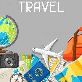 Travel concept illustration. Traveling background with tourist items. Top view.